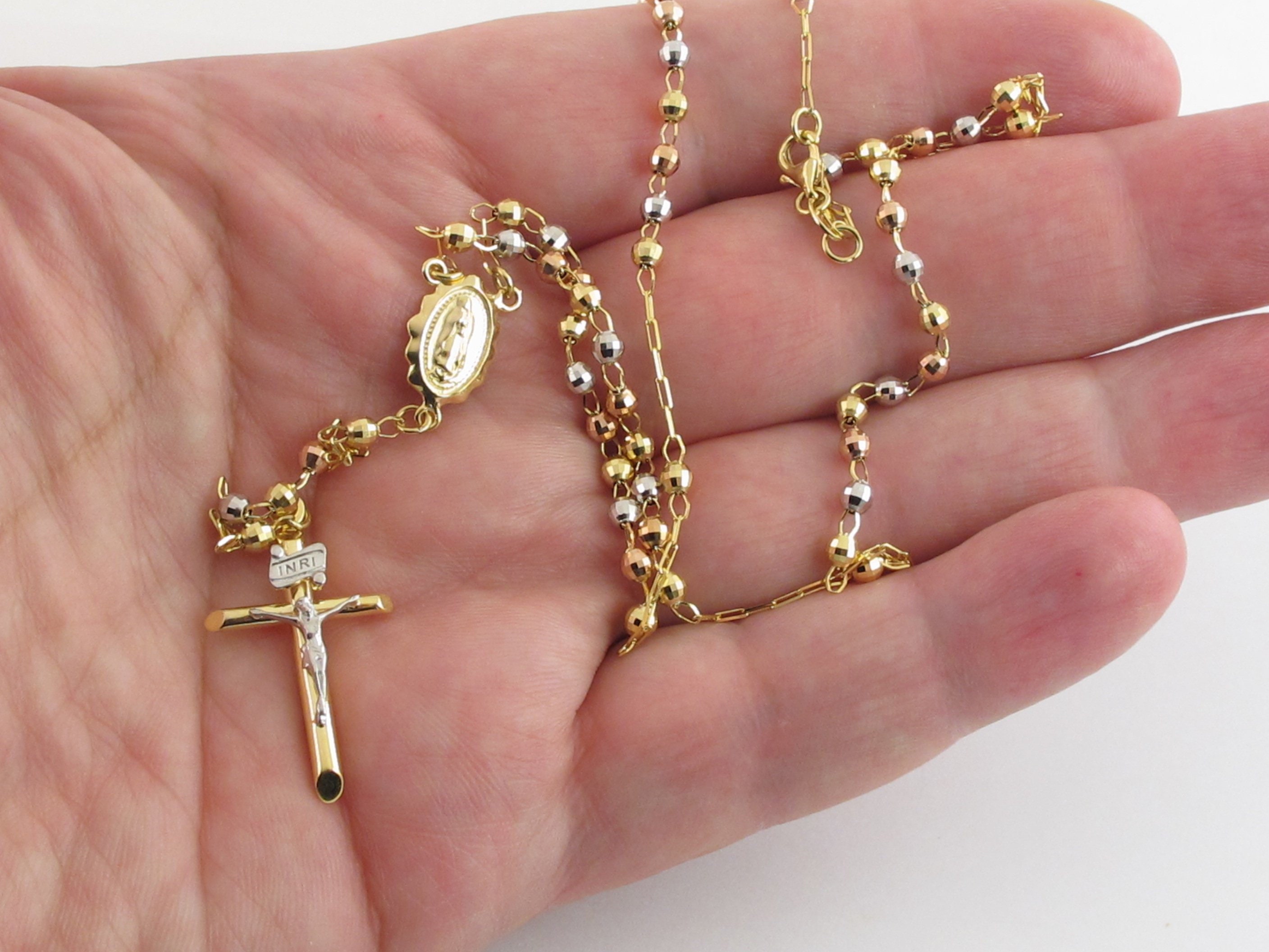 10k Solid Yellow Gold Rosary virgin Mary Jesus Cross Necklace 24'' 9.9 – bhj