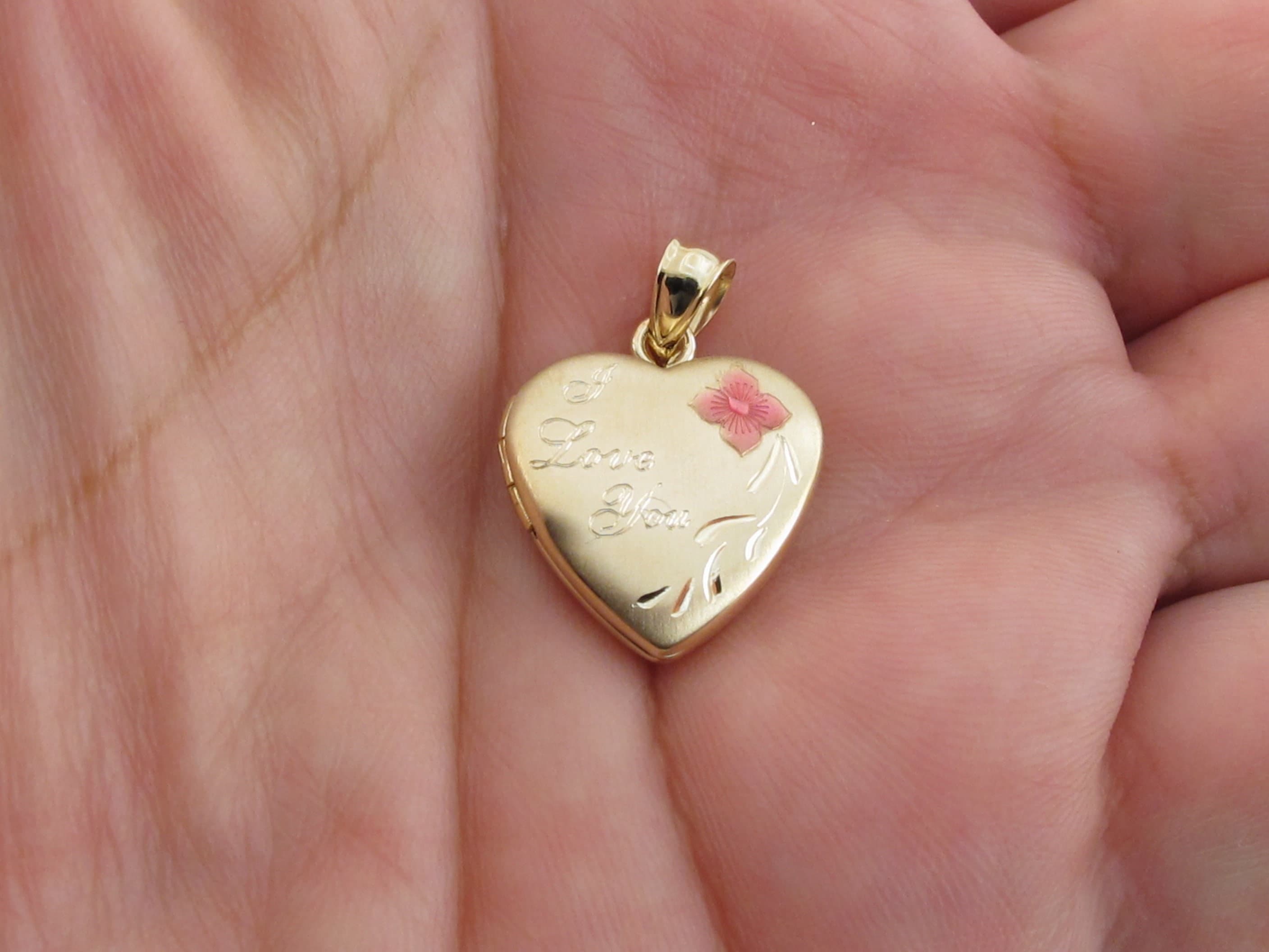 14K Yellow Gold Valentine Flower Enamel Engraved Heart I Love You Locket Pendant with 0.8mm Yellow Box Chain Necklace 