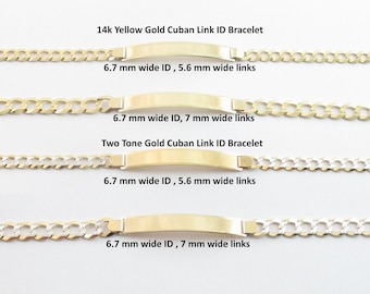 14k Gold Cuban Link ID Bracelet - Yellow or Two Tone, Engraving Available