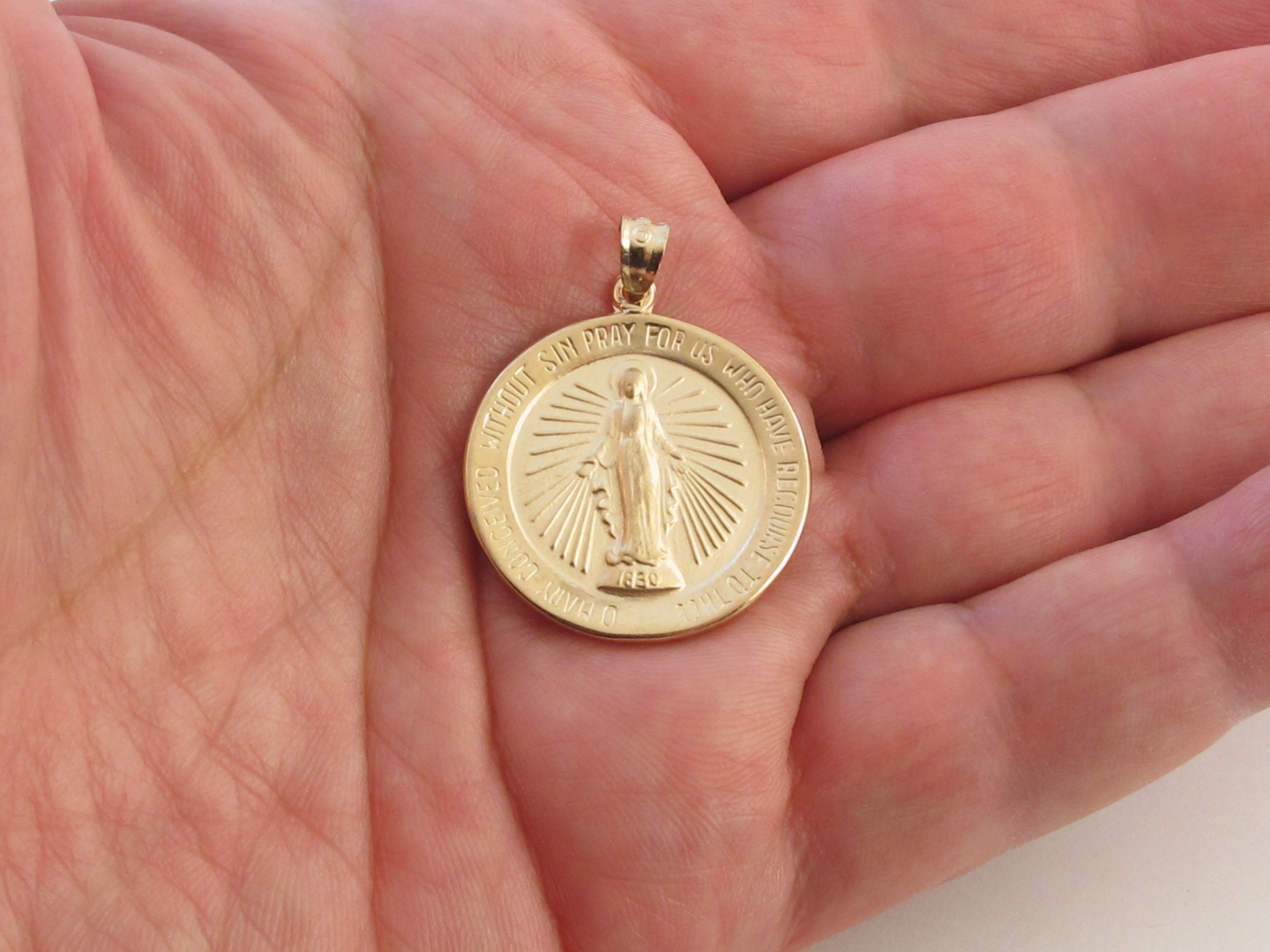 Real 14k Solid Yellow Gold Virgin Mary Charm Pendant - Miraculous Medal ...