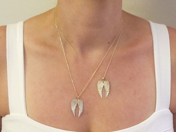 14k Solid Gold Angel Wings Pendant Necklace 16