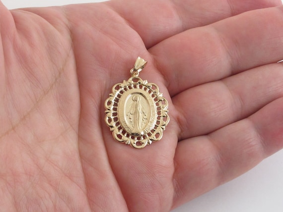 3D 1"  Oval Miraculous Medal Filigree Charm Pendant Solid Real 14K Yellow Gold 