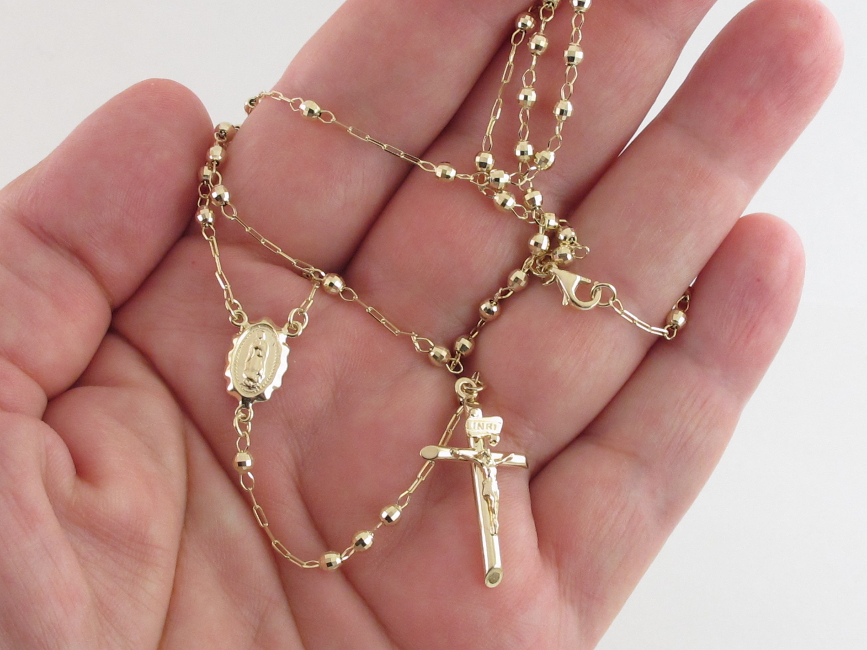 Rosenkranz Perlen Jungfrau Maria Kreuz Halskette 14k Gelbgold 18