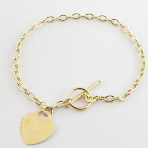 14k Yellow Gold Rolo Link Toggle clasp Bracelet - Shiny Dangling Heart