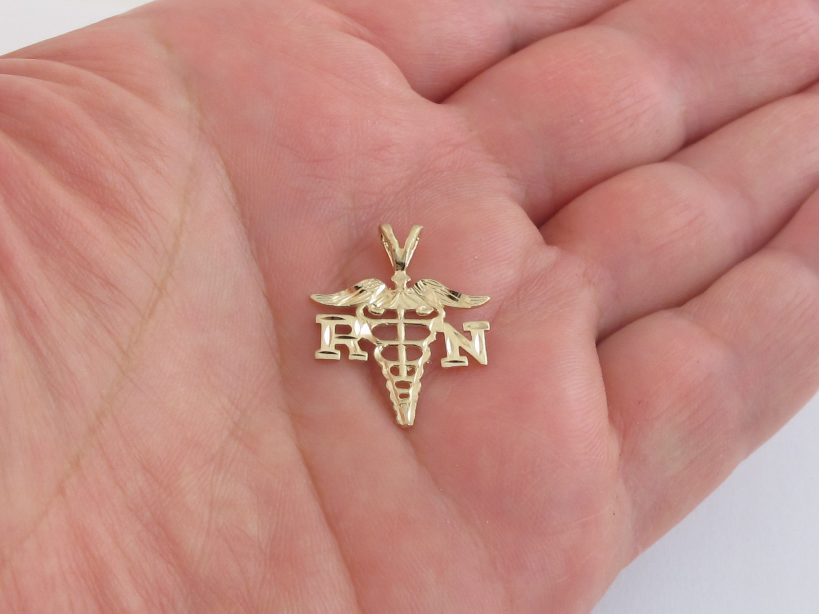 14k Gold RN Caduceus Pendant For Nurses - Textured Wide Pendant 20x13.5mm, Does Not Include Chain, Hypoallergenic