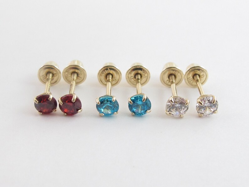 14k Gold Birthstone Stud Earrings Screw Back 3 Mm Wide for Etsy