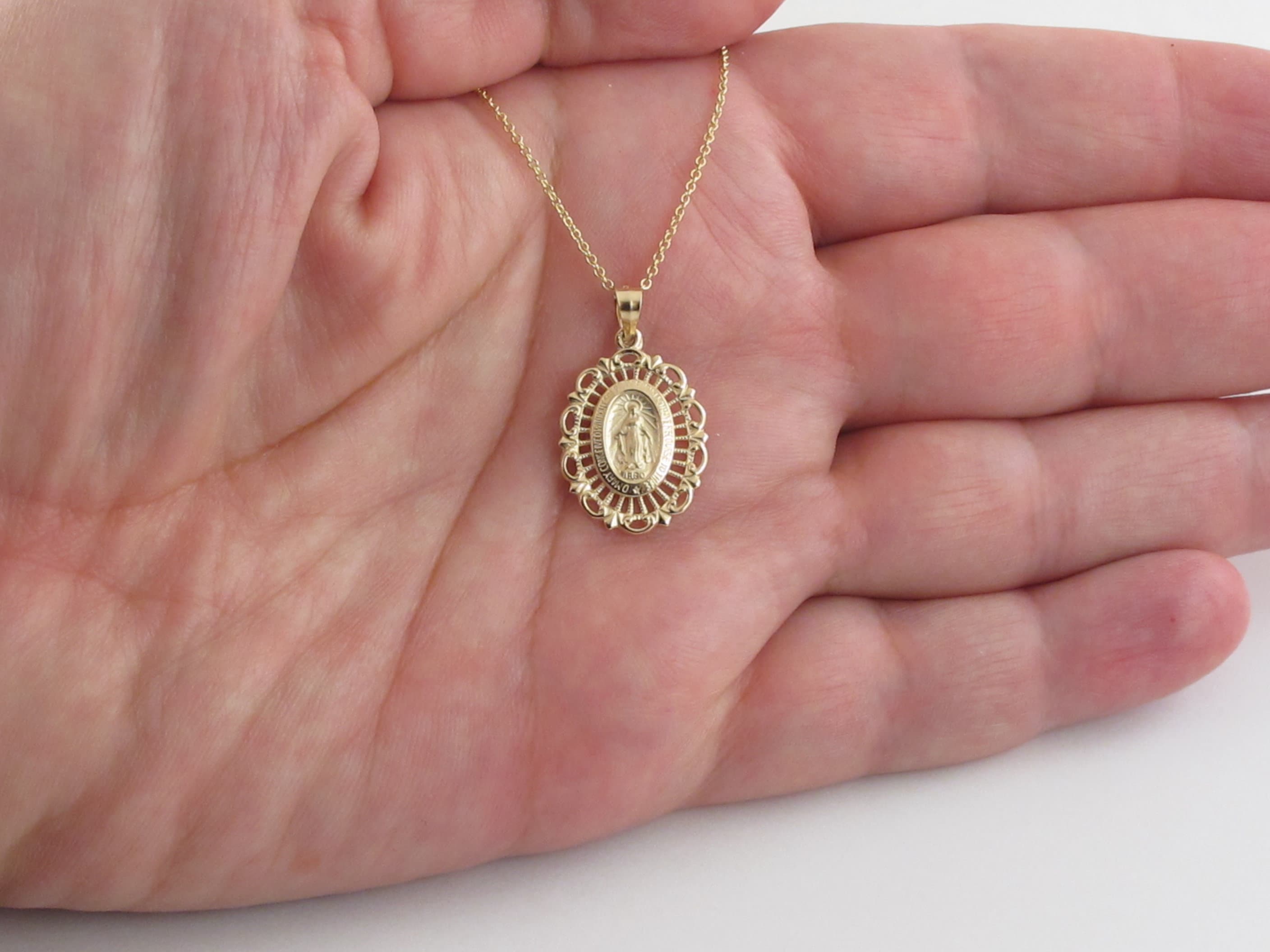 Real 14k Solid Yellow Gold Virgin Mary Pendant Necklace 16, 18