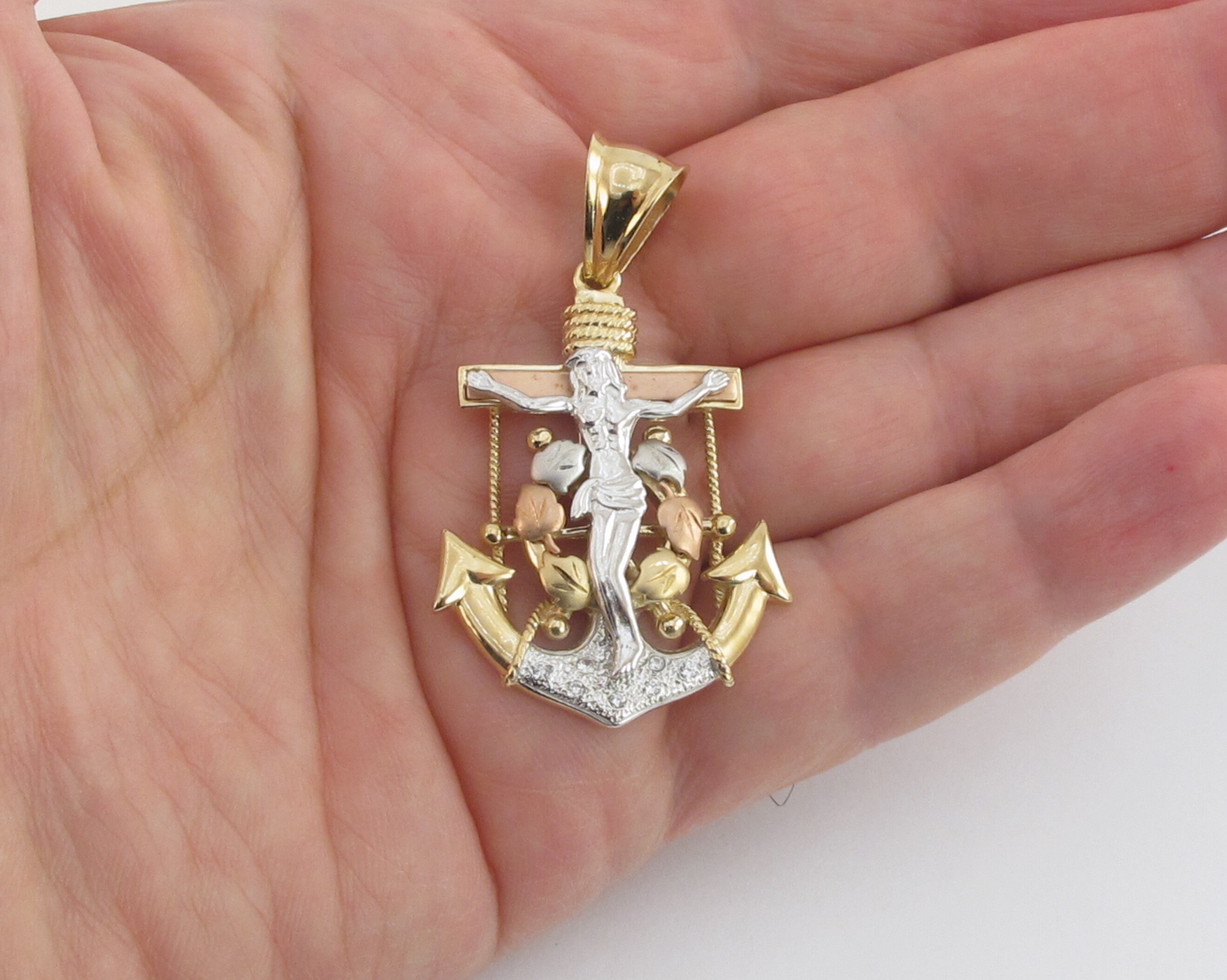 Cross Jesus Anchor Pendant 14k Yellow 