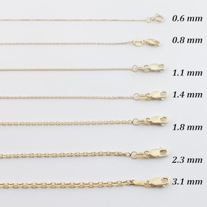May include: Gold-colored chain necklaces of varying thicknesses, ranging from 0.6 mm to 3.1 mm, are displayed against a white background. Each chain is shown with its clasp and size clearly labeled.
