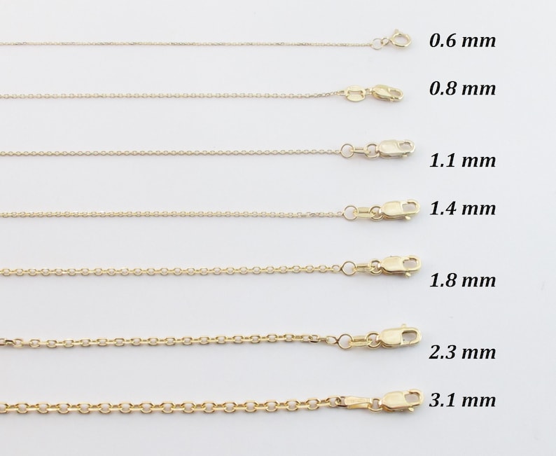 May include: Gold-colored chain necklaces of varying thicknesses, ranging from 0.6 mm to 3.1 mm, are displayed against a white background. Each chain is shown with its clasp and size clearly labeled.