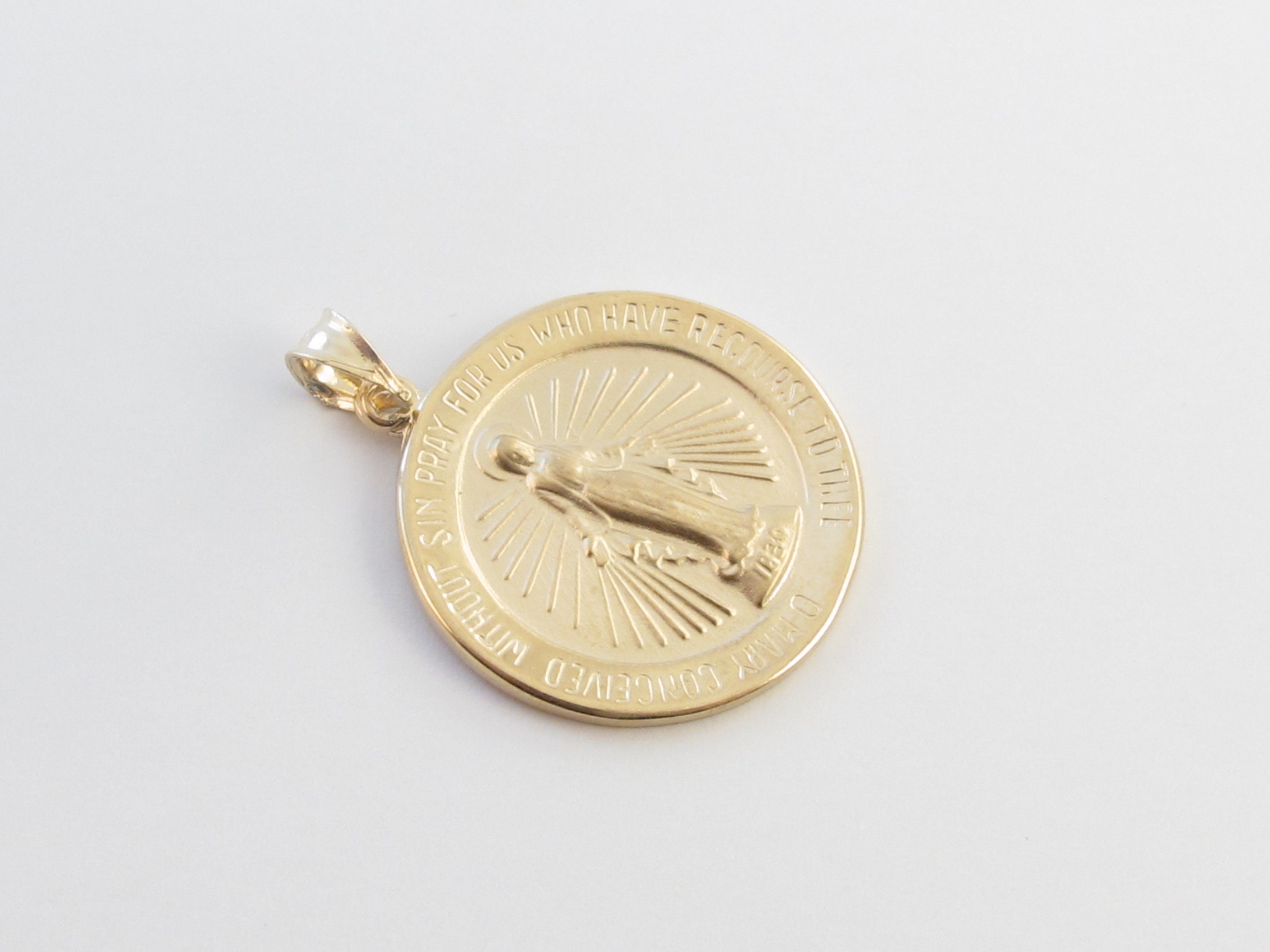 Real 14k Solid Yellow Gold Virgin Mary Charm Pendant - Miraculous Medal ...