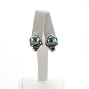 Diamond And Tahitian Black Earrings South Sea Pearl 18k White Gold image 3