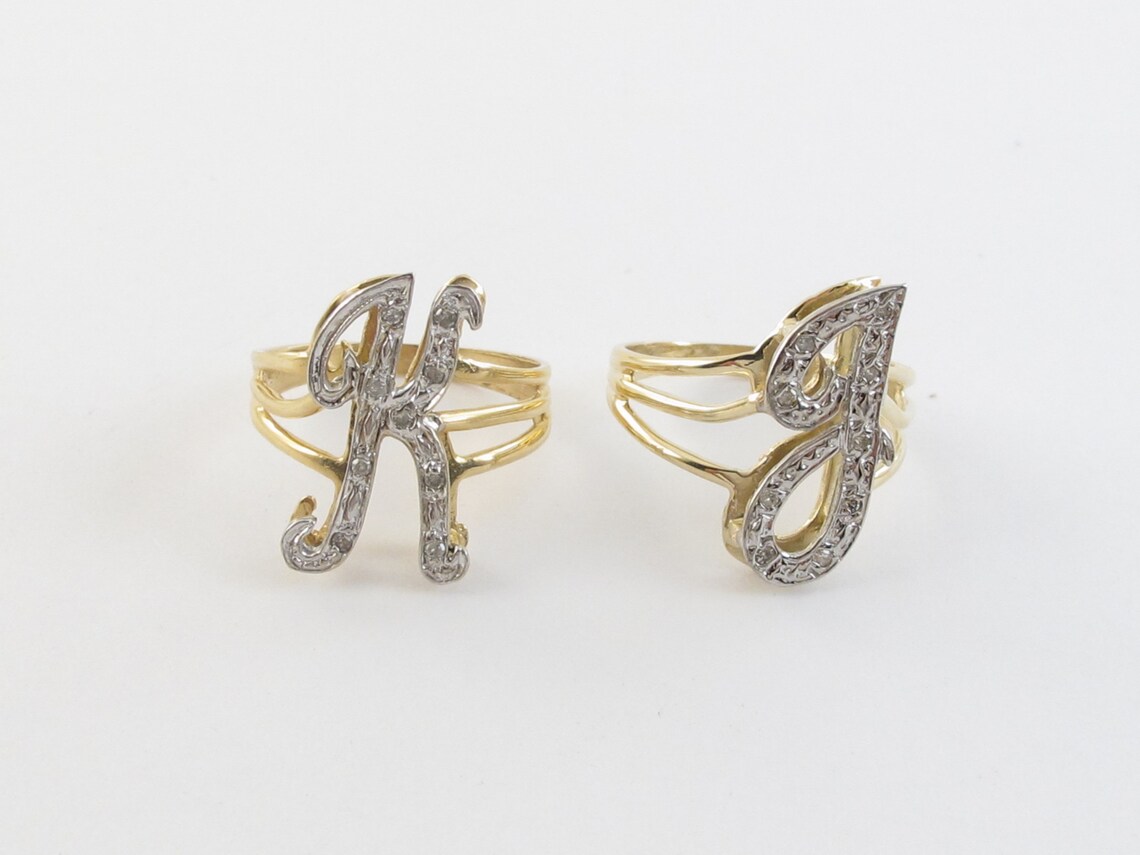 14k Yellow Gold Diamond Initial Letter Ring Available Etsy