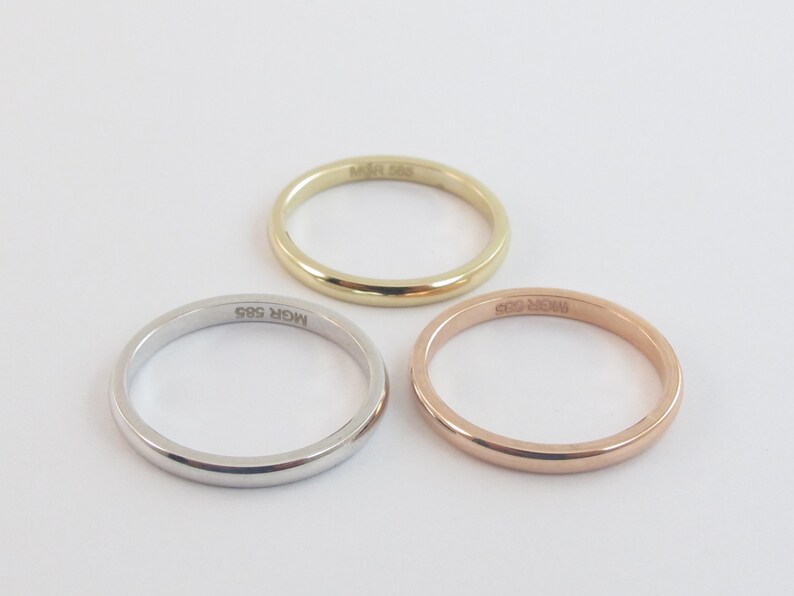 Plain Polished Dome 2 mm Wide Available in Yellow White And Rose Gold 14k Solid Gold Wedding Band