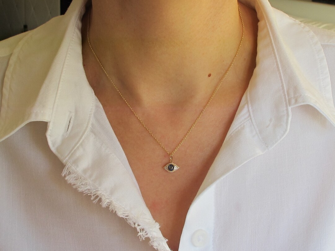 Evil Eye Necklace / 14k Diamond and Sapphire Eye Necklace 14