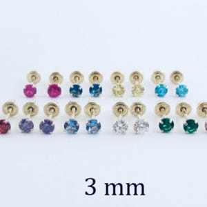 14k Yellow Gold Screw Back Stud Earring  3 mm , 4 mm Wide - Birthstone Earrings For Children - Available In All Colors