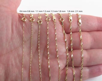 14k Solid Yellow Gold Singapore Chain Necklace 7"- 24"- ( 0.6 mm, 2.1 mm )