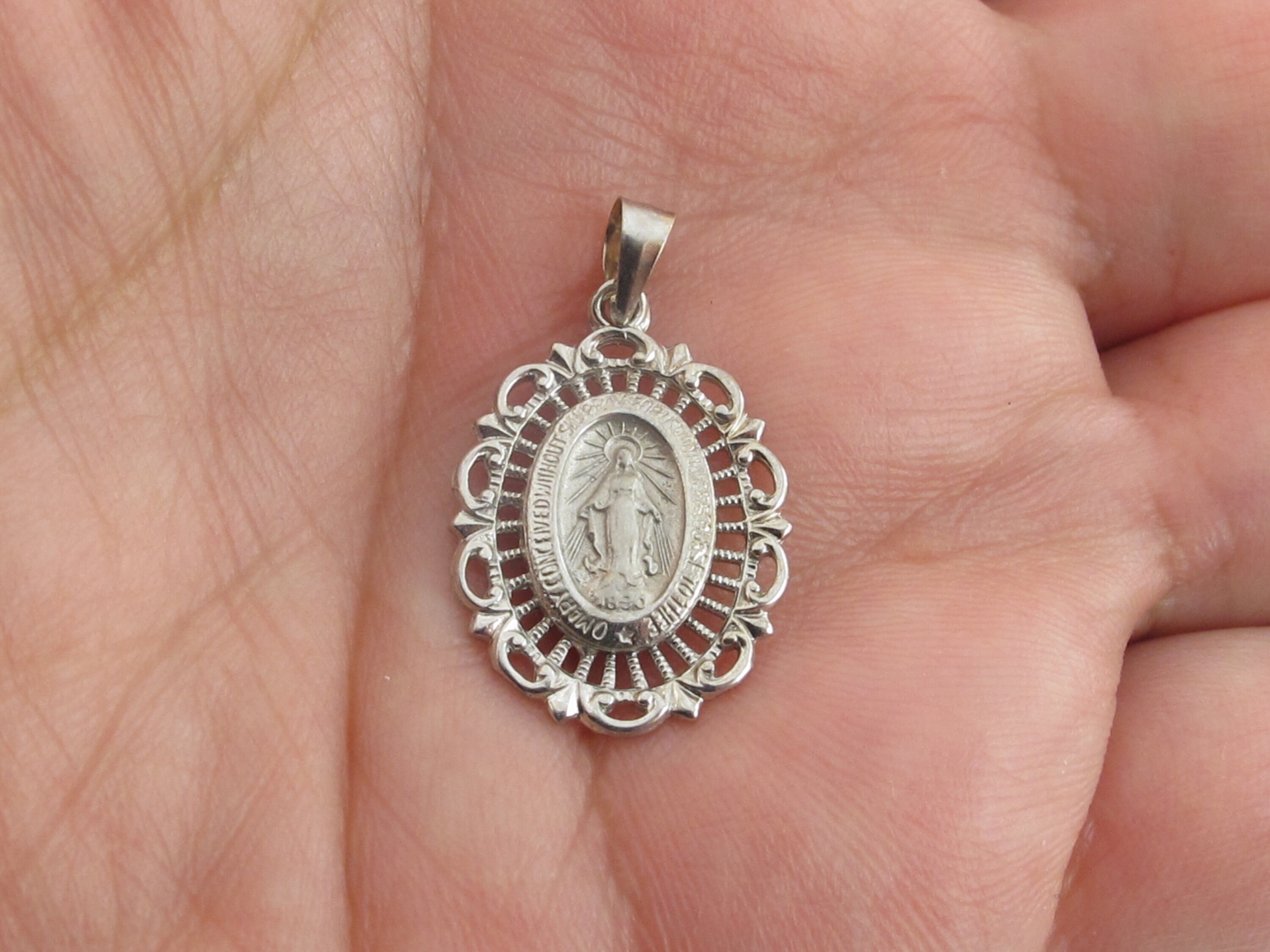 Colgante de la Virgen María con Medalla Milagrosa de oro blanco macizo de  18 quilates, 3/4, católico -  México