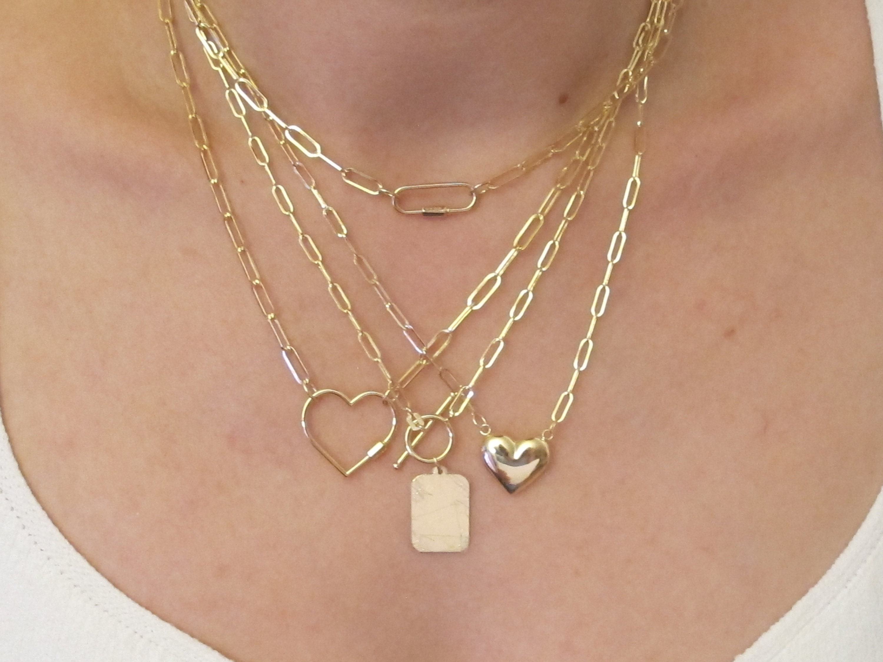 Real 14k Yellow Gold Paperclip Chain Necklace -Tag Toggle, Classic Carabiner, Heart  Real Gold 18" Engravable Tag