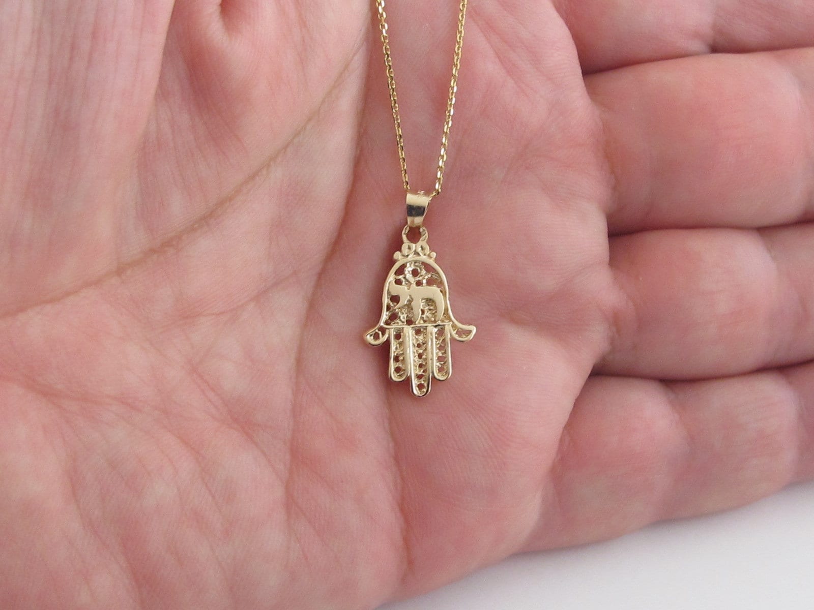 Jewelry Hamsa Chai Charms 14K Yellow Gold Jewish Symbol Safety Pin with