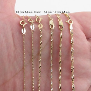 Corrente de ouro amarelo maciço 10k de Singapura 16" 18" 20" 24" - 0,8 mm, 1,0 mm, 1,5 mm, 1,7 mm, 2,1 mm