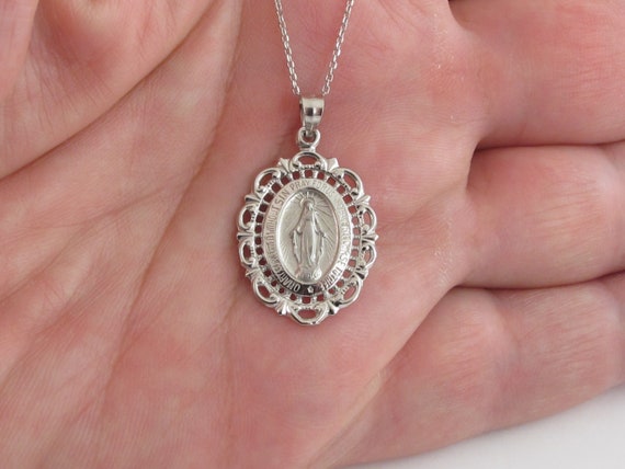 14k Solid White Gold Virgin Mary Pendant Necklace 14 - White Gold Mother Mary Pendant