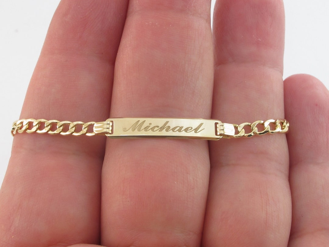 Baby ID Name Bracelet 14k Solid Yellow Gold Gold Cuban Link for Boys