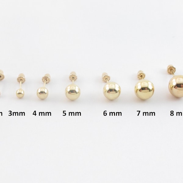 Echt 14k Gelbgold Kugel Ohrstecker Ohrringe 2 mm, 3 mm, 4 mm, 5 mm, 6 mm, 7 mm, 8 mm