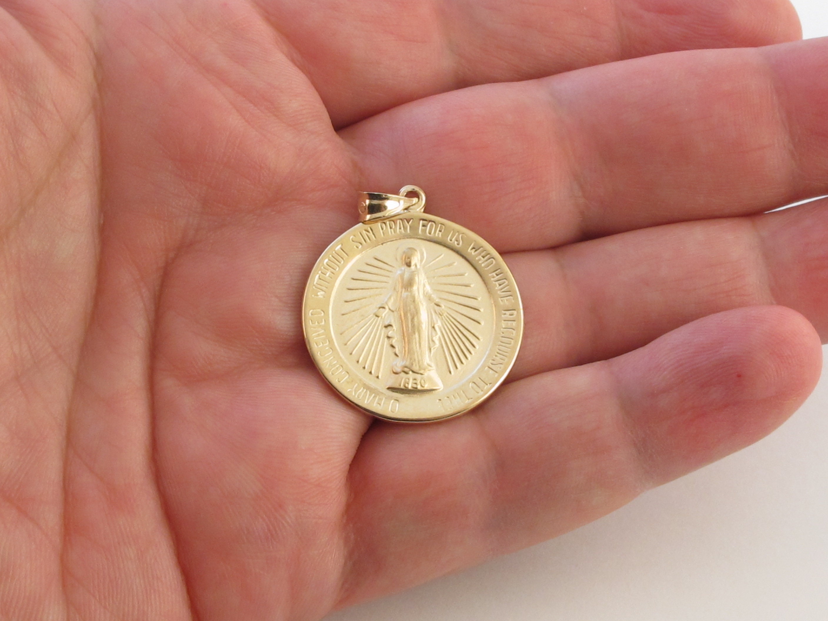 Real 14k Solid Yellow Gold Virgin Mary Charm Pendant - Miraculous Medal ...