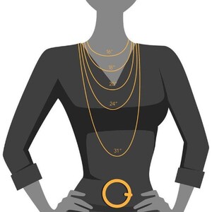 May include: A diagram showing different necklace lengths on a model. The lengths are 16 inches, 18 inches, 20 inches, 24 inches, and 31 inches.