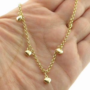14k Yellow Gold Rolo Link Dangling Heart Ankle Bracelet - Adjustable From 10&quot; to 9&quot;