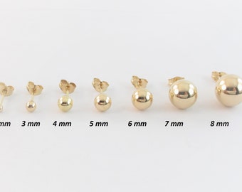 14k Yellow Gold Ball Stud Earrings 2 mm , 3 mm , 4 mm , 5 mm , 6 mm , 7 mm , 8 mm - Push Back Studs - Available In White Gold