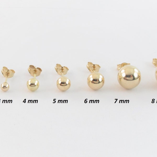 14k Yellow Gold Ball Stud Earrings 2 mm , 3 mm , 4 mm , 5 mm , 6 mm , 7 mm , 8 mm - Push Back Studs - Available In White Gold
