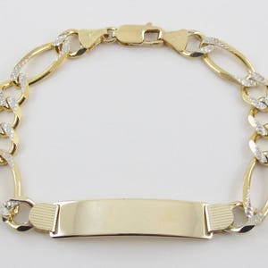 14k Gold Men&#39;s Figaro ID Bracelet: Yellow & White Gold, 9 Inch