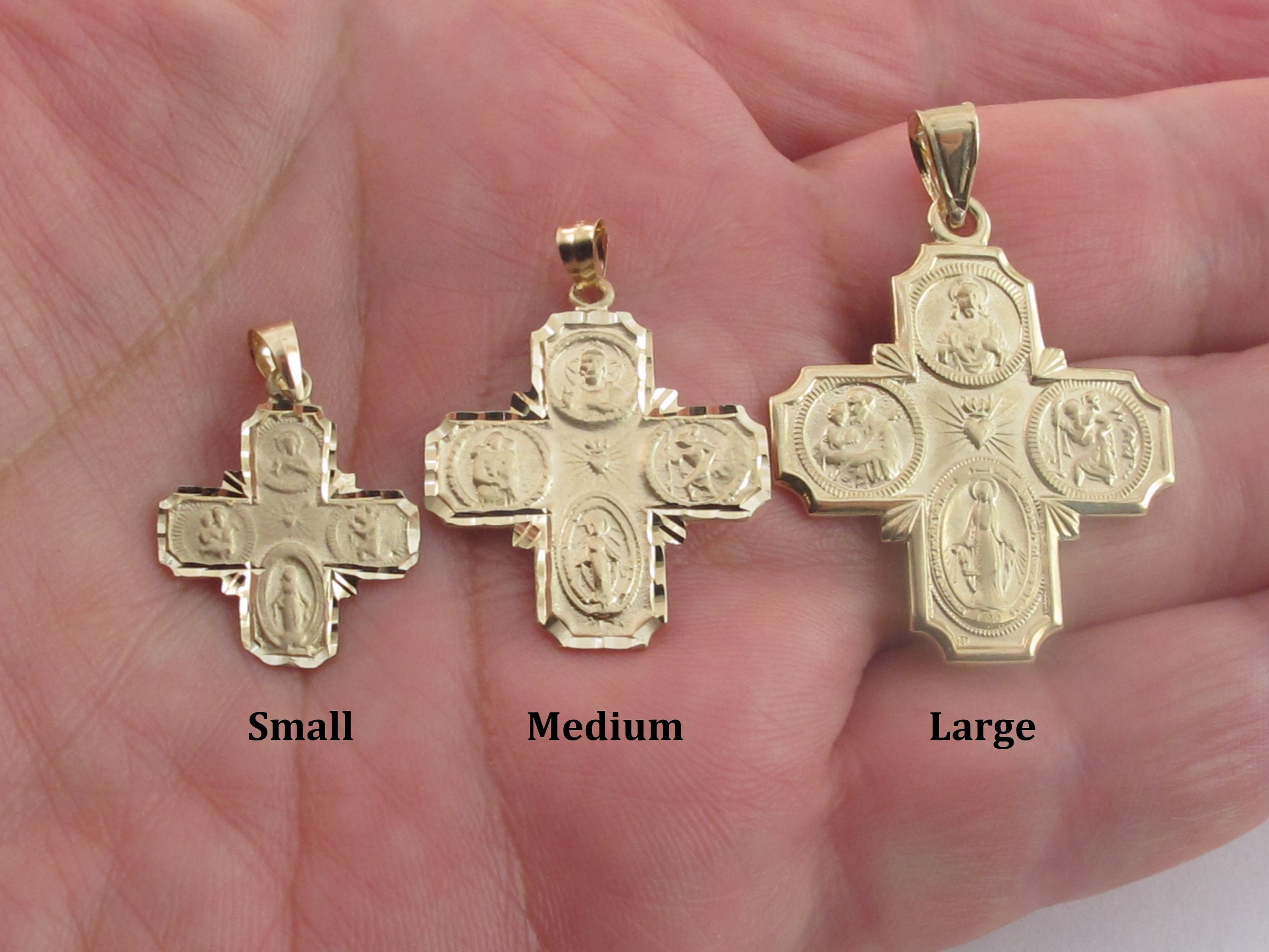 Catholic Jewelry in 14K Gold - Four Way Cross, Sacred Heart, Immaculate Heart 17”-18” Adjustable Necklace