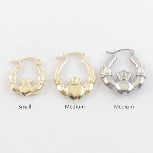 14k Gold Claddagh Hoop Earrings: Yellow or White Gold