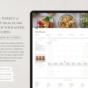 May include: A digital meal planner app displayed on a tablet screen. The app includes a calendar interface for planning meals, a grocery list, and a recipe section. The app is designed to help users create weekly and monthly meal plans using all of their saved recipes.
