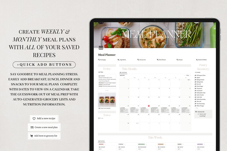 May include: A digital meal planner app displayed on a tablet screen. The app includes a calendar interface for planning meals, a grocery list, and a recipe section. The app is designed to help users create weekly and monthly meal plans using all of their saved recipes.