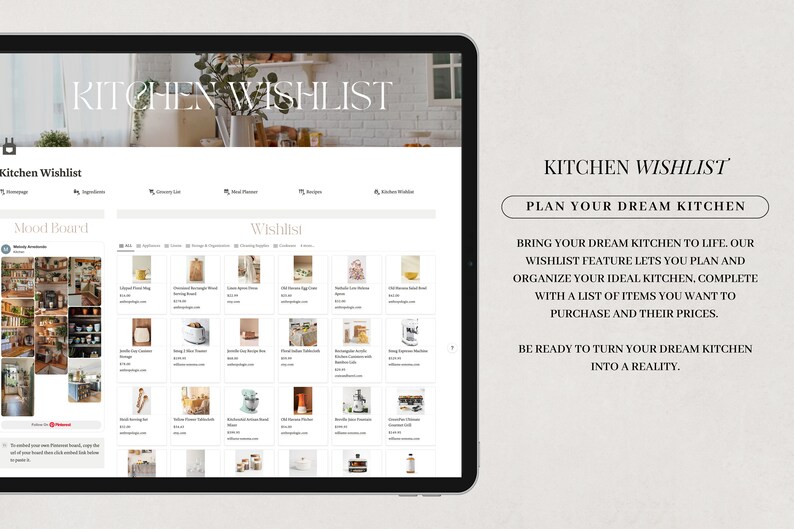 May include: A screenshot of a website titled "Kitchen Wishlist". The website features a mood board with images of kitchens and a wishlist with images of kitchen items. The text "PLAN YOUR DREAM KITCHEN" is displayed in a white box.