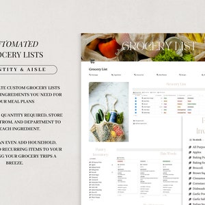 May include: A screenshot of a computer screen displaying a digital grocery list app. The app enables users to create personalised grocery lists based on the ingredients they require for their meal plans. The app also shows the quantity needed, the store to purchase from, and the department to find each ingredient. The app also allows users to add household, personal, and recurring items to their lists. The app can be viewed on a mobile app whilst shopping.