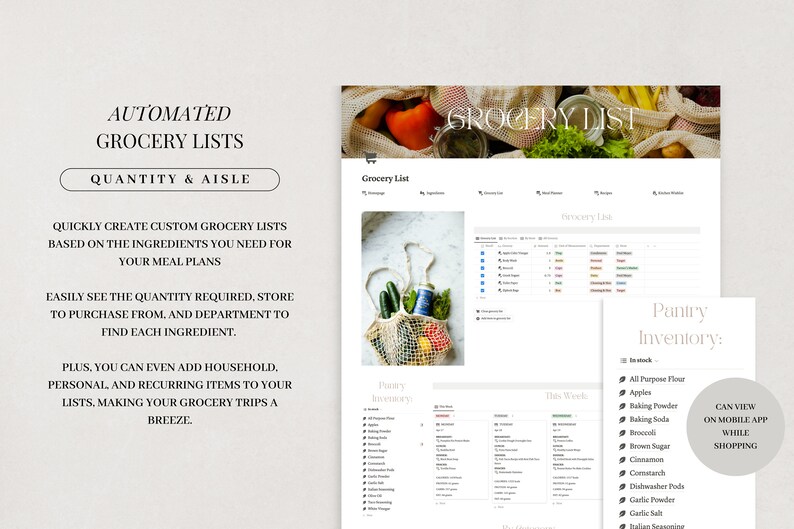 May include: A screenshot of a computer screen displaying a digital grocery list app. The app enables users to create personalised grocery lists based on the ingredients they require for their meal plans. The app also shows the quantity needed, the store to purchase from, and the department to find each ingredient. The app also allows users to add household, personal, and recurring items to their lists. The app can be viewed on a mobile app whilst shopping.