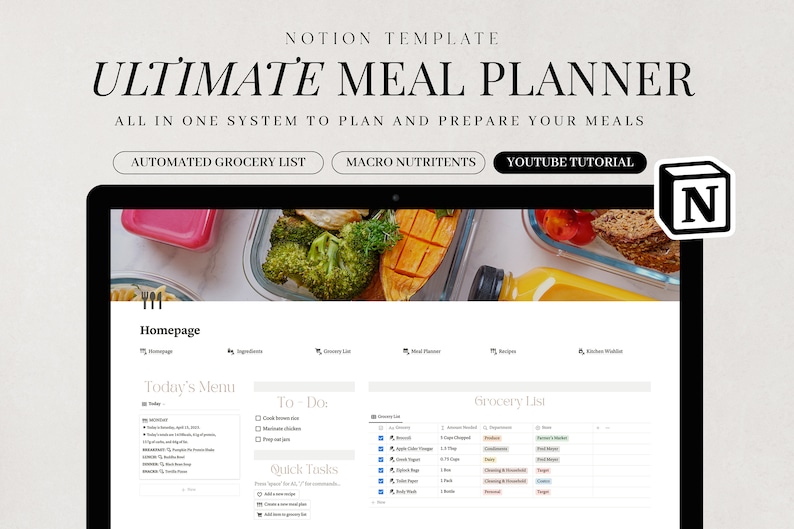 May include: A screenshot of a Notion template for meal planning. The template includes sections for today's menu, to-do list, grocery list, and quick tasks. The template is designed to help users plan and prepare their meals in an organised way.