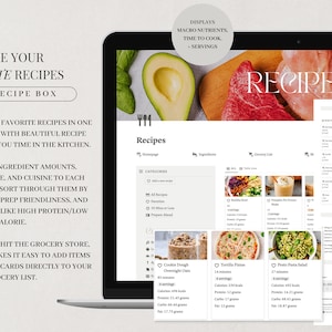 May include: A laptop computer screen displaying a website for organising recipes. The website has a white background with black text and images of food. The text on the screen reads "Recipes" and "Store all of your favourite recipes in one place, complete with beautiful recipe cards that save you time in the kitchen."