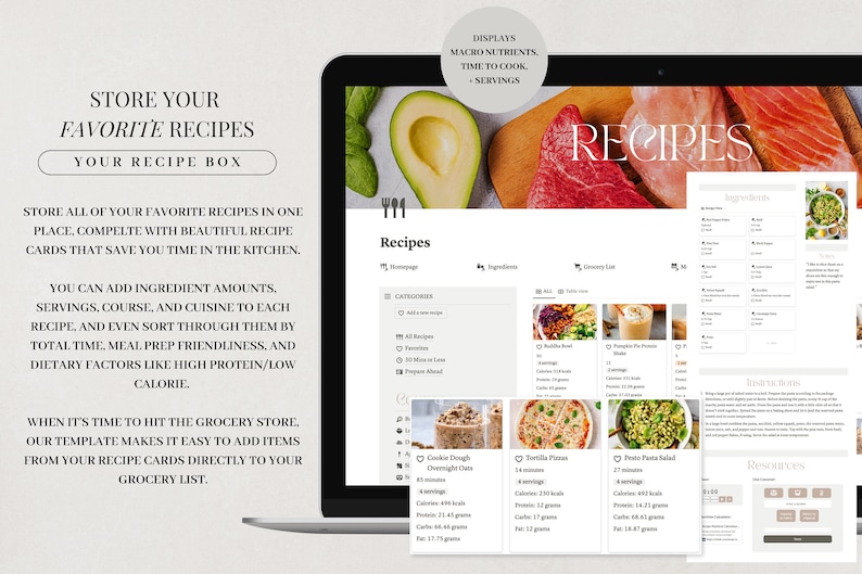 May include: A laptop computer screen displaying a website for organising recipes. The website has a white background with black text and images of food. The text on the screen reads "Recipes" and "Store all of your favourite recipes in one place, complete with beautiful recipe cards that save you time in the kitchen."