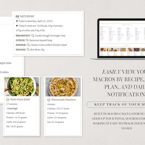 May include: A screenshot of a computer screen and a mobile phone displaying a meal planning app. The app features a macro calculator that helps users track their daily calorie, protein, carbohydrate, and fat intake. The app also includes a meal planner and daily notifications. The text on the screen reads "EASILY VIEW YOUR MACROS BY RECIPE, MEAL PLAN, AND DAILY NOTIFICATION." and "KEEP TRACK OF YOUR MACROS BUILT IN MACRO CALCULATOR SEAMLESSLY ADDS UP YOUR TOTAL MACROS FOR EACH DAY MAKING IT EASY TO TRACK YOUR NUTRITION GOALS."