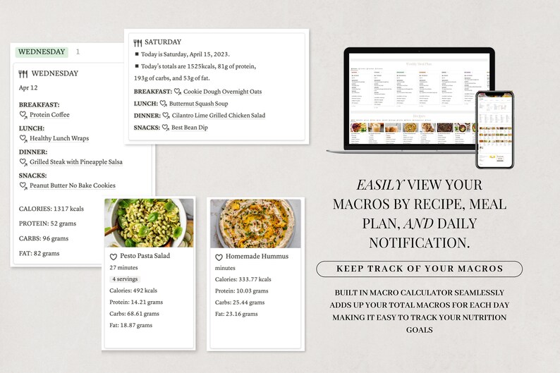 May include: A screenshot of a computer screen and a mobile phone displaying a meal planning app. The app features a macro calculator that helps users track their daily calorie, protein, carbohydrate, and fat intake. The app also includes a meal planner and daily notifications. The text on the screen reads "EASILY VIEW YOUR MACROS BY RECIPE, MEAL PLAN, AND DAILY NOTIFICATION." and "KEEP TRACK OF YOUR MACROS BUILT IN MACRO CALCULATOR SEAMLESSLY ADDS UP YOUR TOTAL MACROS FOR EACH DAY MAKING IT EASY TO TRACK YOUR NUTRITION GOALS."