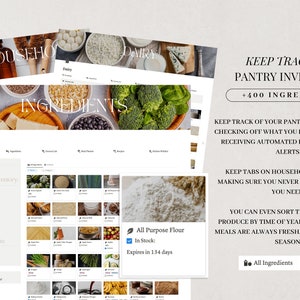 May include: A digital inventory tracker for pantry items. The image shows a screenshot of the app with a list of ingredients, a section for pantry inventory, and a section for in-season produce. The app also includes a feature to track expiry dates and a section for all ingredients. The text on the screen reads "Keep track of your pantry items by easily checking off what you have in stock and receiving automated expiry date alerts."