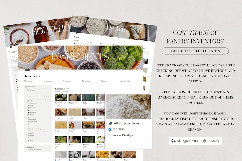 May include: A digital inventory tracker for pantry items. The image shows a screenshot of the app with a list of ingredients, a section for pantry inventory, and a section for in-season produce. The app also includes a feature to track expiry dates and a section for all ingredients. The text on the screen reads "Keep track of your pantry items by easily checking off what you have in stock and receiving automated expiry date alerts."