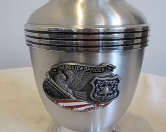 837 Satin Aluminum Police Officer with Flag Cremation Urn, Free Engraving