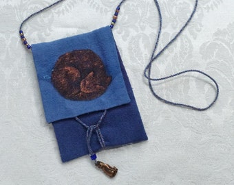 Wearable Silk Amulet Bag Hand-dyed Hand-painted Sleeping Cat OOAK necklace pouch Blue Gold (K-1)